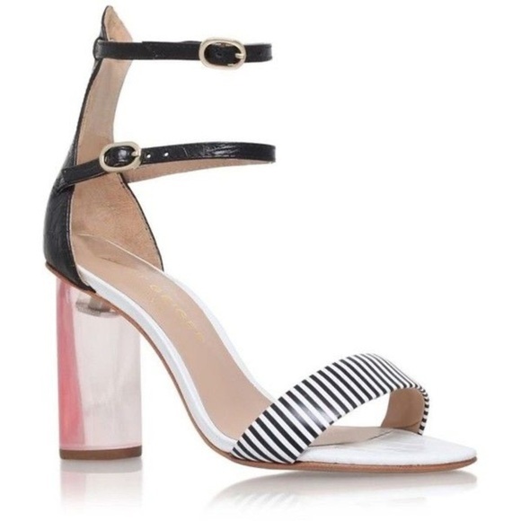 Kurt Geiger Izzy Sandal Crystal Pink Heel Black white stripped Ankle strap 37 - Picture 1 of 16